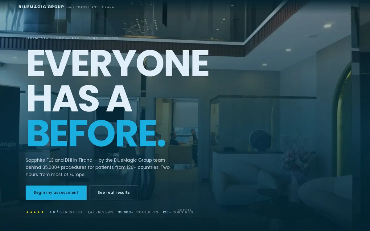 BlueMagic Group Hair campaign homepage showing the Tirana clinic interior