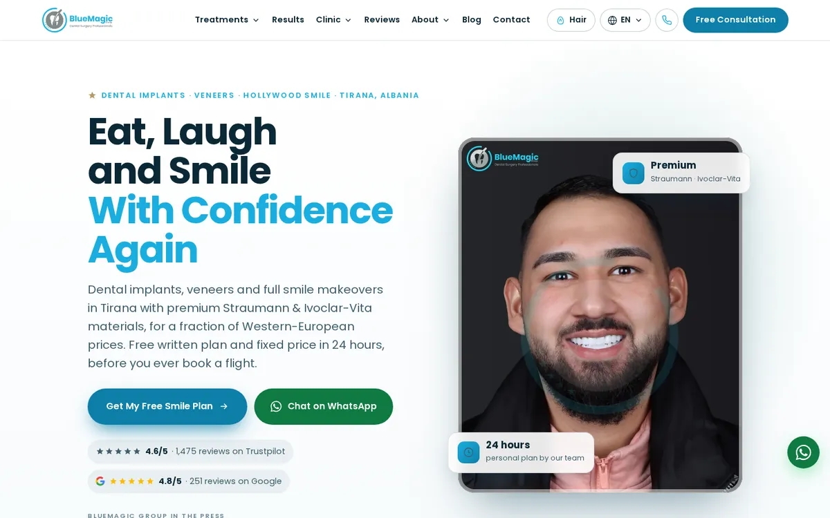BMG Dental homepage with the Eat, Laugh and Smile With Confidence Again headline and a patient portrait
