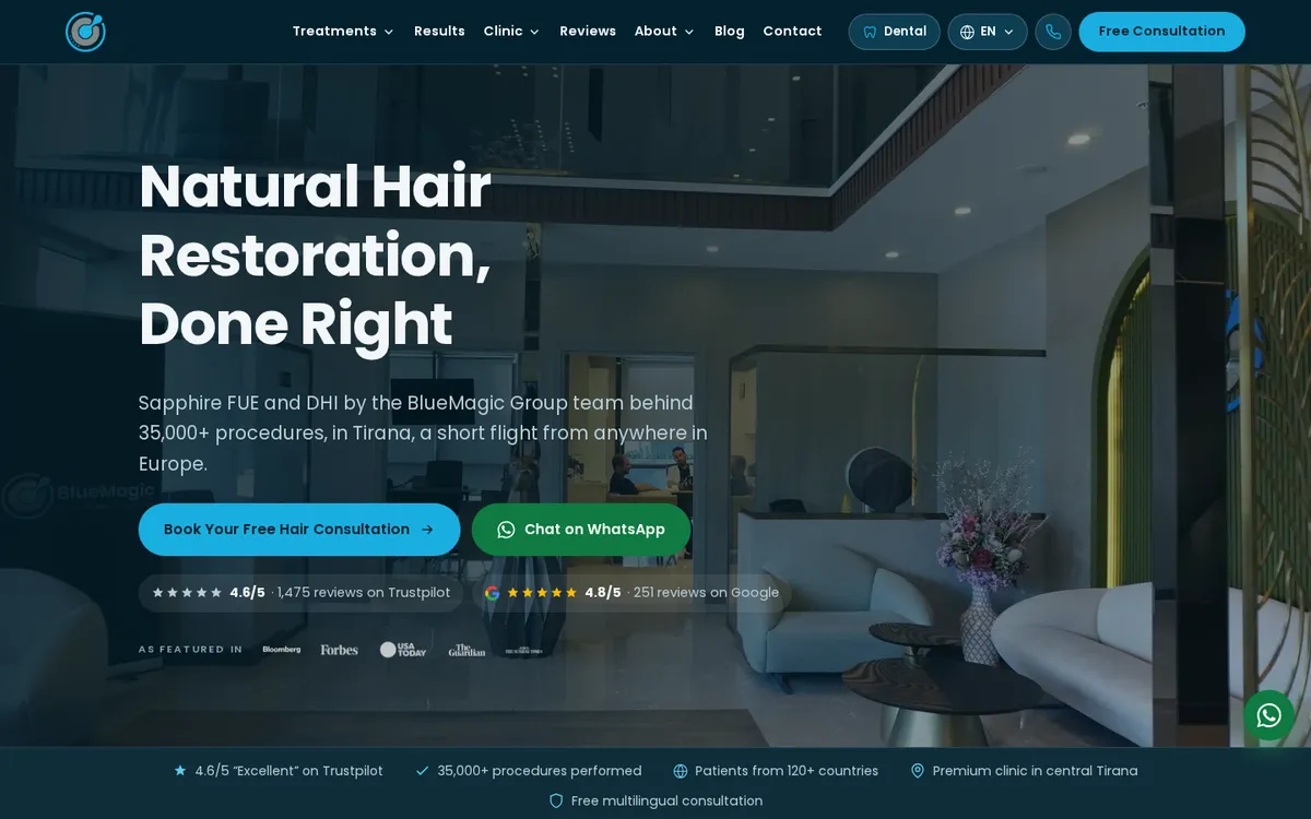 BlueMagic Group Hair homepage with the Natural Hair Restoration, Done Right headline and consultation buttons