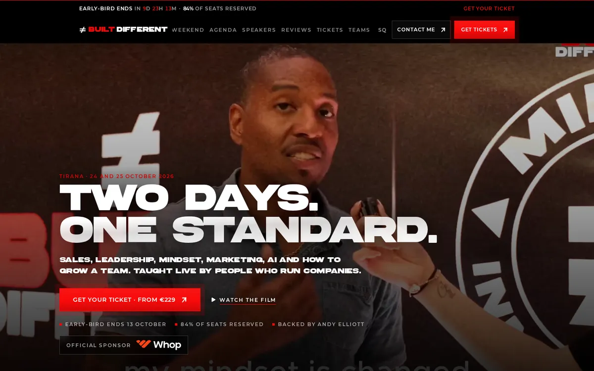 Built Different homepage with the Two Days. One Standard. headline and a ticket button