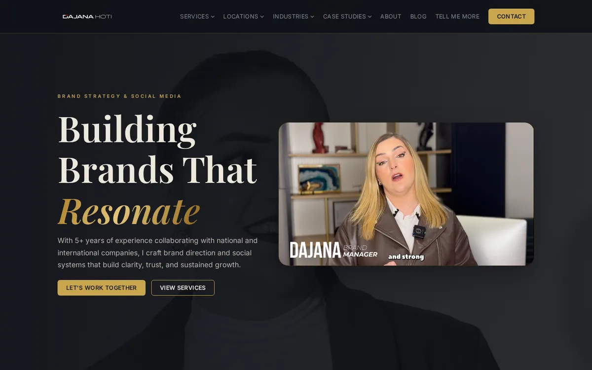 Dajana Hoti homepage with the Building Brands That Resonate headline and a video portrait