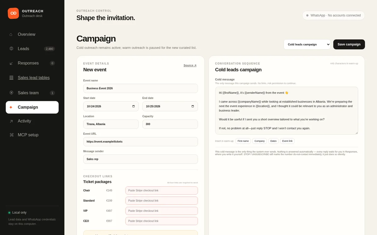 Outreach desk campaign editor with event details and the cold message