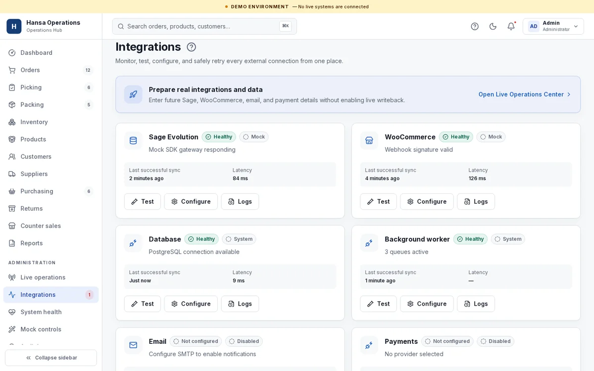 Integration health cards for Sage Evolution, WooCommerce, the database and the background worker