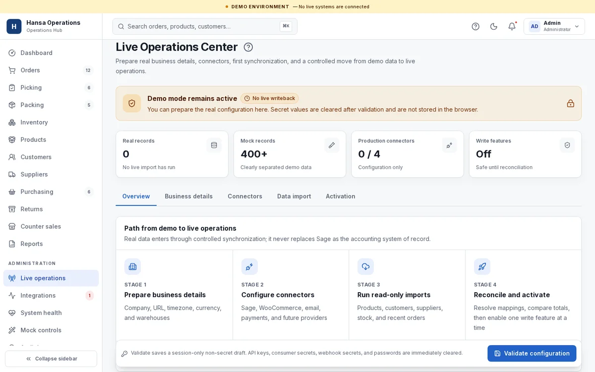 Live Operations Center showing the staged path from demo data to live connectors