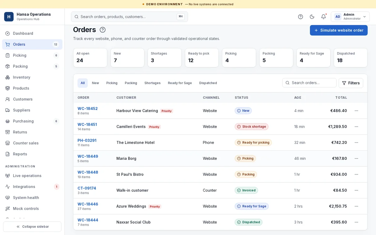 Order list with website, phone and counter orders in validated states, using demo customers
