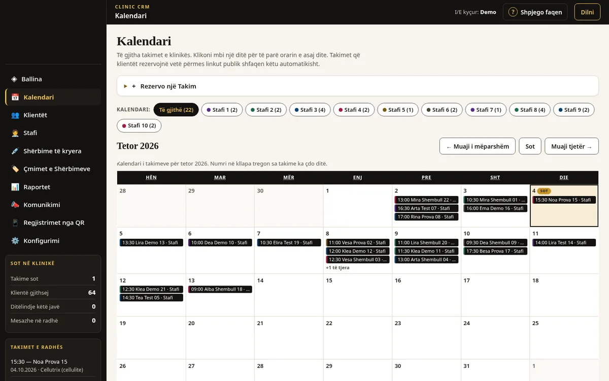 Clinic CRM calendar with a month grid of demo appointments, colour-coded by staff member