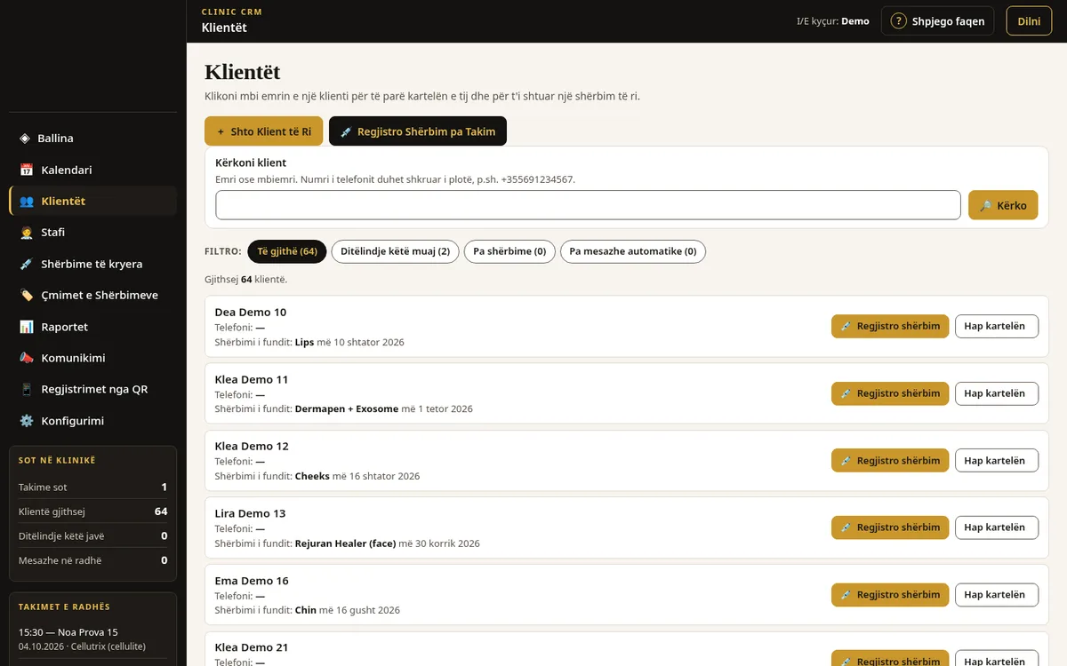 Clinic CRM client list with search, filter chips and demo client cards
