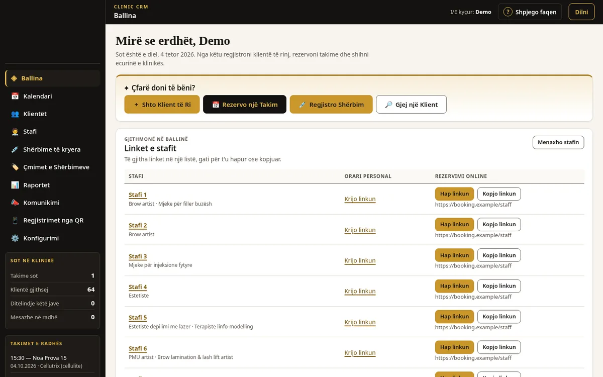Clinic CRM home screen with quick actions and staff booking links