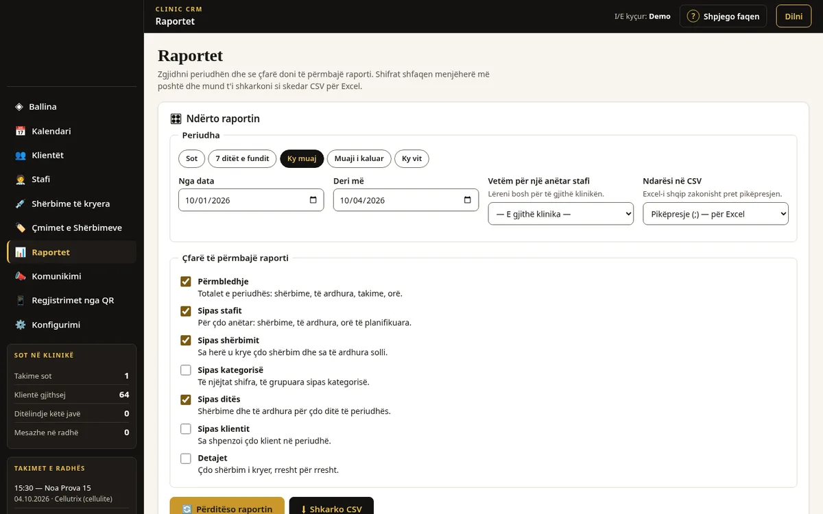 Clinic CRM report builder with period presets and report sections