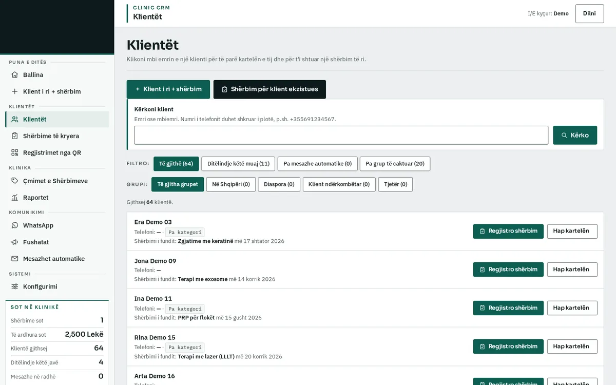Studio CRM client list with group filters and demo clients