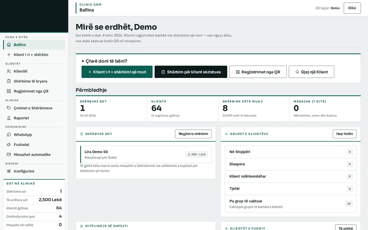 Studio CRM home screen with daily KPIs, today’s services and client groups, using demo data