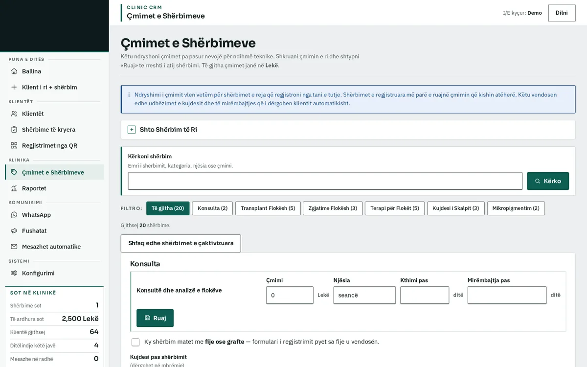 Studio CRM price list with return intervals for each service