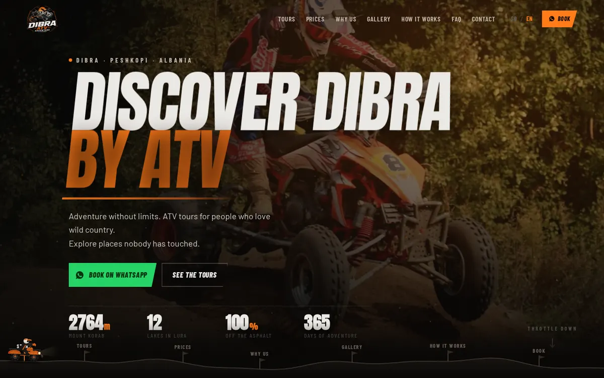 Dibra ATV Adventure homepage with a quad bike trail and WhatsApp booking