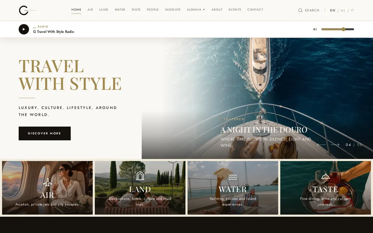 G Travel tour website with destination and package listings