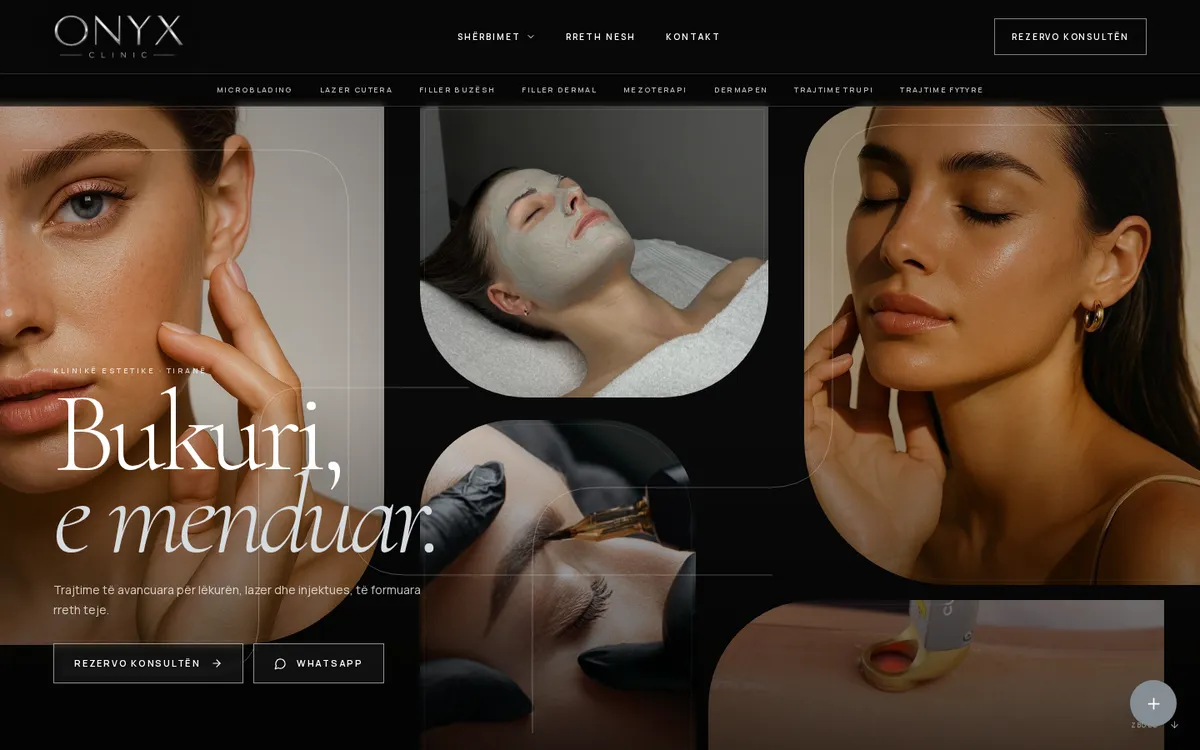 Onyx Clinic homepage with treatment photography and a booking button