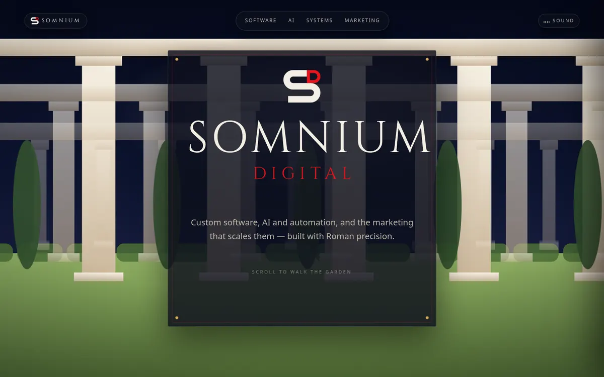 Homepage of the Somnium Digital agency website, showing the services overview and portfolio section