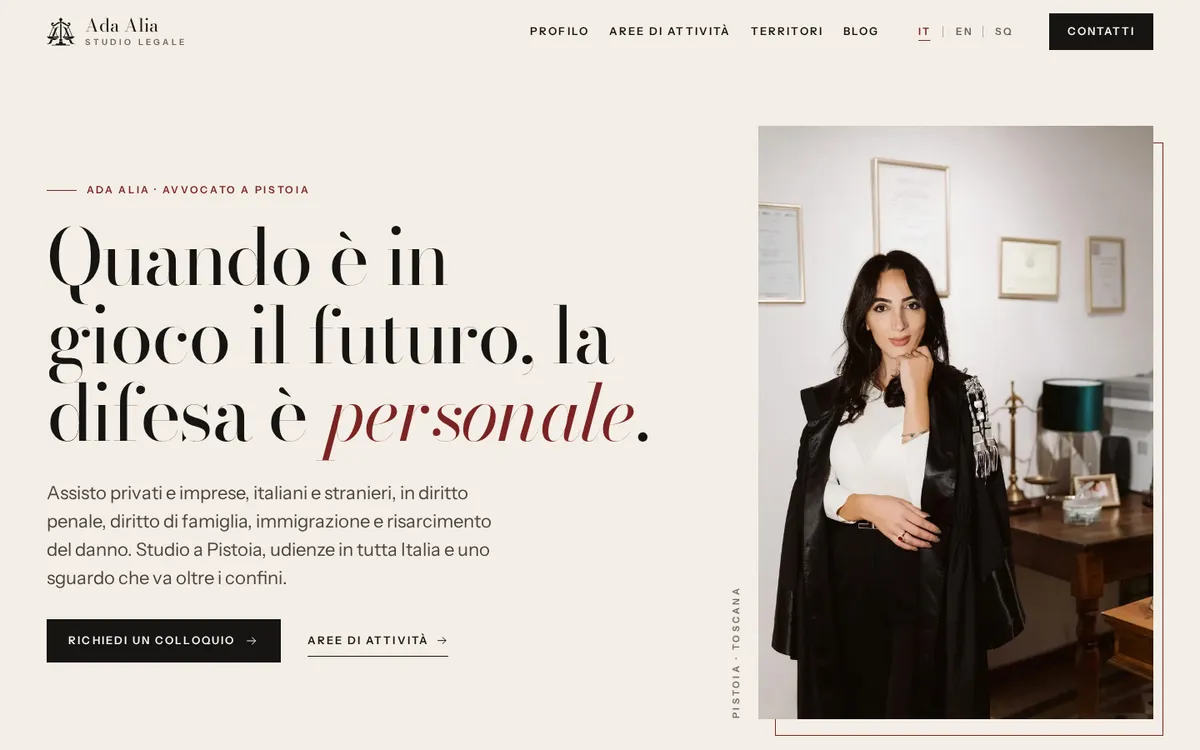 Studio Legale Alia homepage in Italian with an editorial headline and a portrait of the lawyer